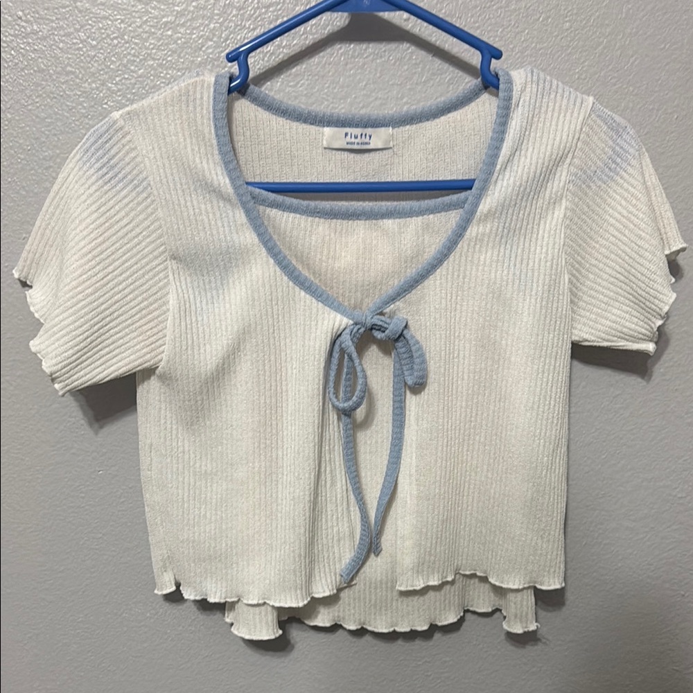 Women's White and Pastel Blue Ribbon Tie-Front Two Piece Crop Top
